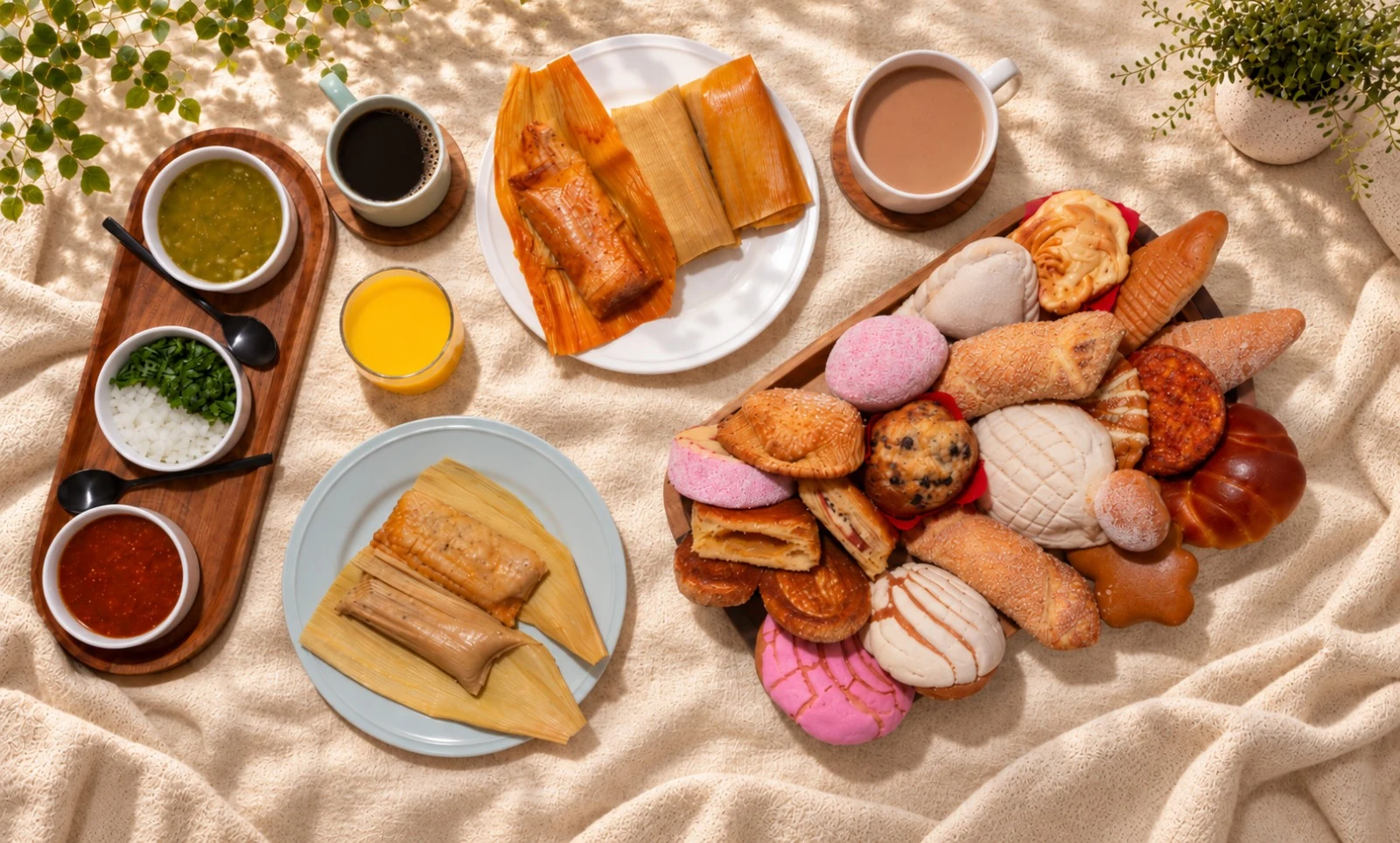 Pan dulce, tamales y café sobre una mesa en NaVis Bakery
